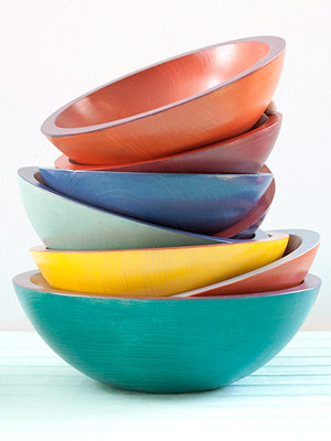 Colorful stained wooden bowls